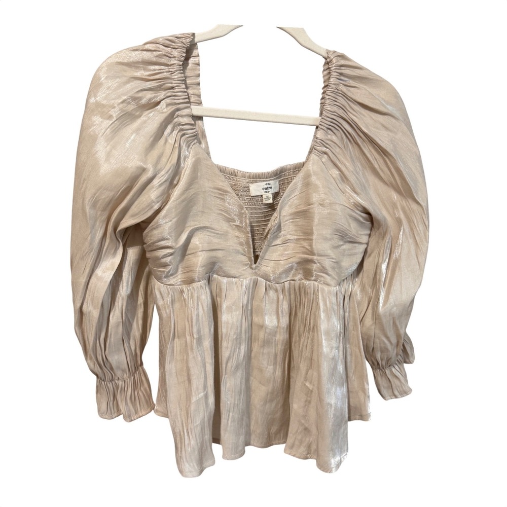Entro Blouse Metallic Puff Sleeve Babydoll‎ M Champagne Romantic V-Neck